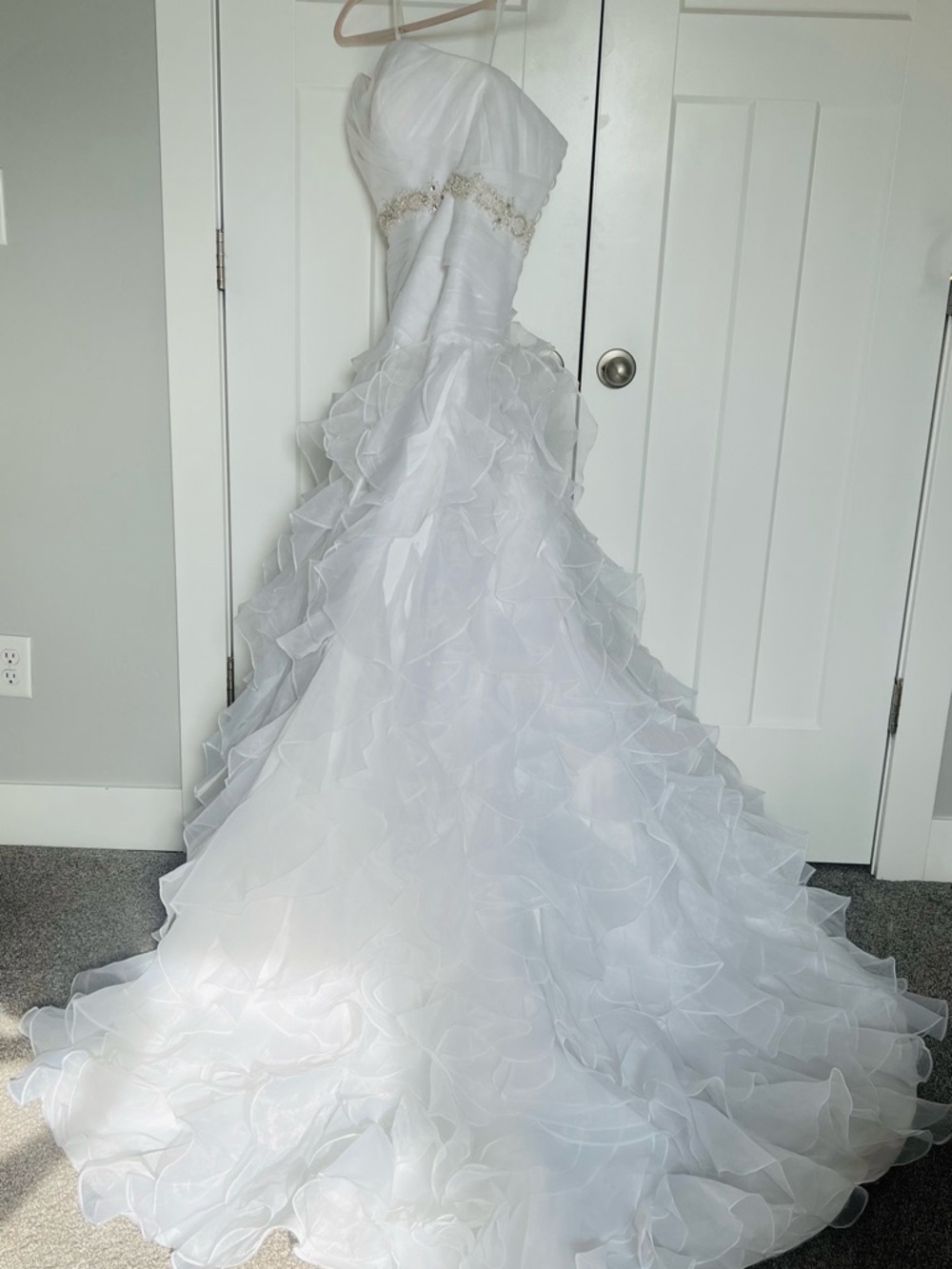 Romantic Strapless Ruffled White Wedding Gown with Beaded Waist - Picture 5 of 14